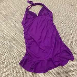 Kenneth Cole Women's Swimwear  PURPLE  Rouched Swim Dress one piece Size Large